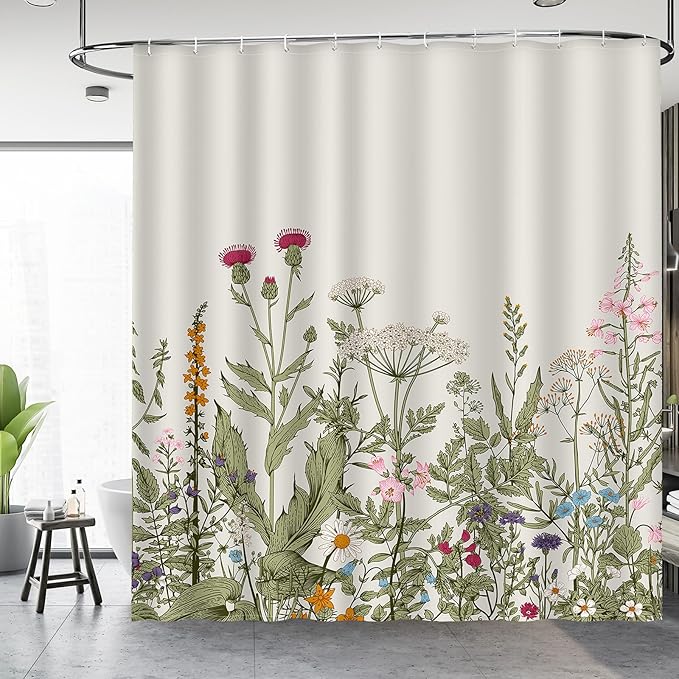 Aimego Spring Floral Shower Curtain- Sage Green Plant Leaves Wildflower Nature Botanical Flower Fabric Cloth Bath Shower Curtain Set with 12 Hooks for Bathroom Decor Accessories, 72"x72"