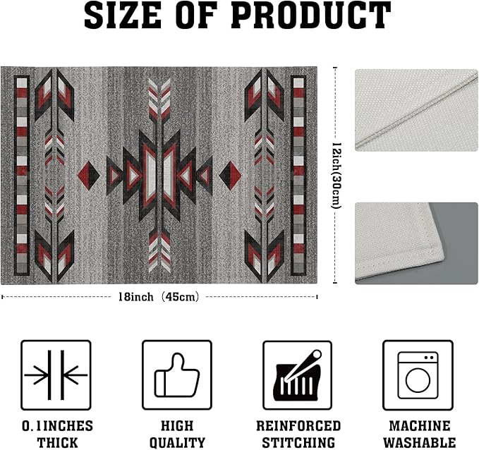 Giwawa Southwestern Placemats, Grey Red Tribal Geometric Decorative Table Mats, Native American Ethnic Farmhouse Non-Slip Place Mat for Dining Kitchen Party, 12x18Inch, Set of 4