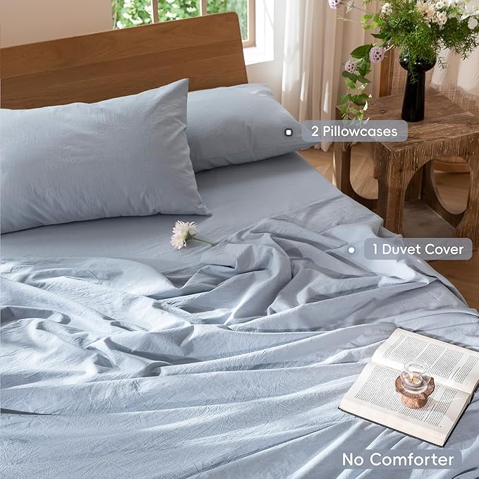 MooMee Bedding Duvet Cover Set 100% Washed Cotton Linen Like Textured Breathable Durable Soft Comfy (Heathered Cornflower Blue, Full 80"x90")