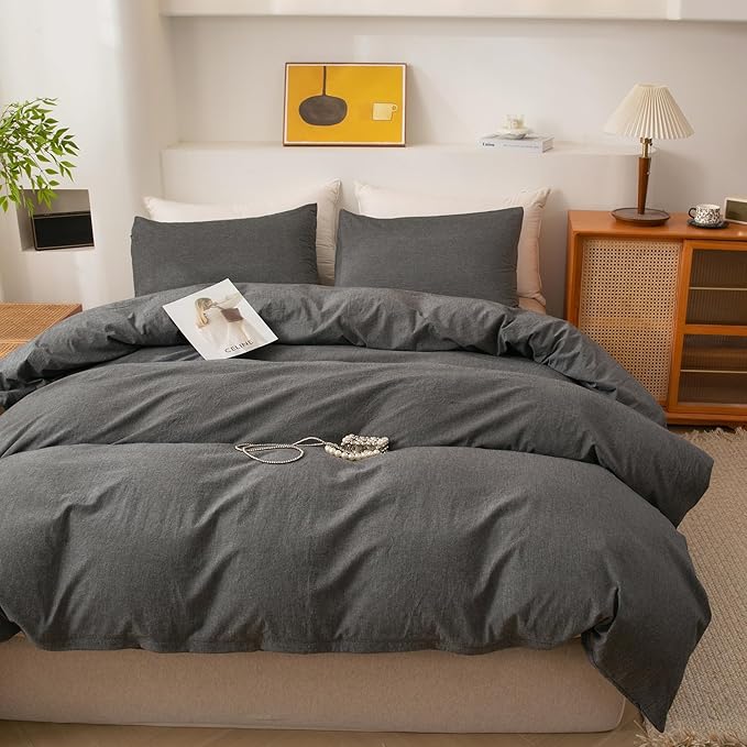ECOCOTT Grey Duvet Cover Queen Size, 100% Washed Cotton 1 Duvet Cover with Zipper and 2 Pillowcases, Ultra Soft and Easy Care Breathable Cozy Simple Style Bedding Set(Dark Grey)