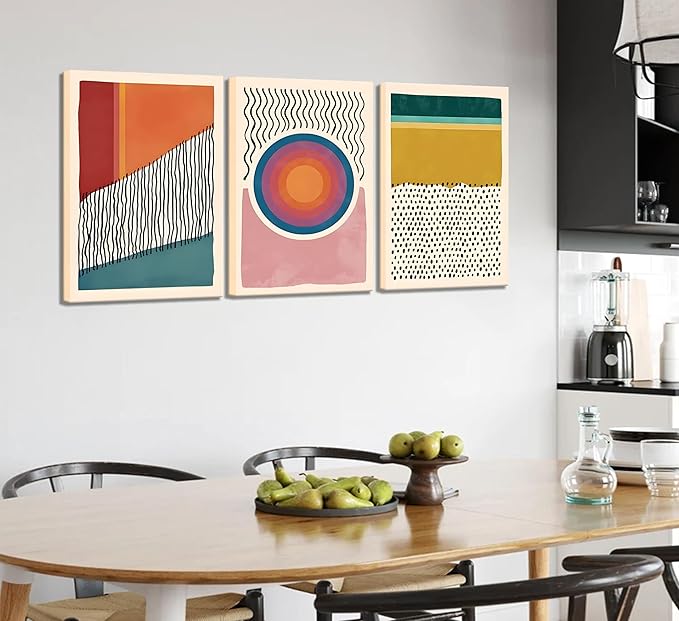 Set of 3 Framed Boho Wall Art Mid Century Modern Wall Decor Posters Abstract Color Block Geometric Canvas Paintings Prints Colorful Simple Line Pictures for Living Room Bedroom Home Decoration（12x16）