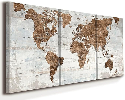 Office Wall Art Canvas World Map Motivational Wall Decor Living Room Vintage Pictures for Dining Room Home Man Global Artwork 60" X 28"