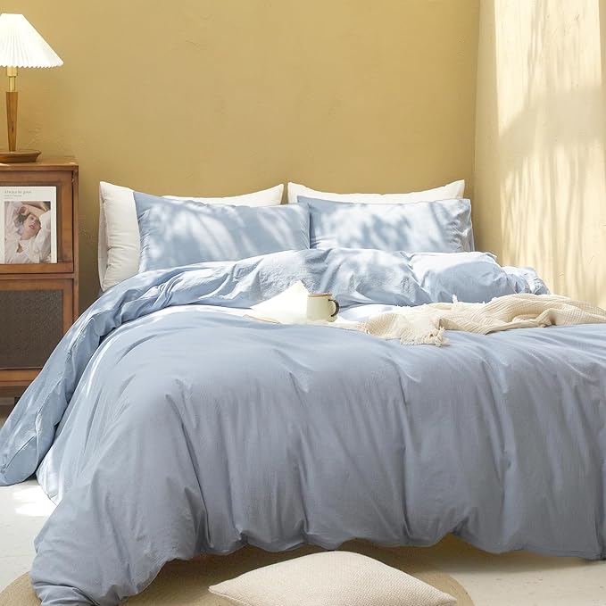 FOSSA Duvet Cover Set 100% Washed Cotton Linen Feel Super Soft Breathable Cozy 3 Pieces Bedding Sets Solid Cornflower Blue Oversized King Plus