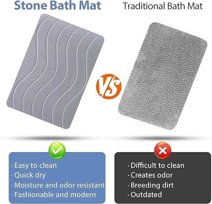 Absorbent Stone Bath Mat, Diatomaceous Earth Shower Mats, Non-Slip Water Absorbing Diatomite Stone Mat for Bathroom Floor, Quick-Drying Easy to Clean (23" x 16" Gray)