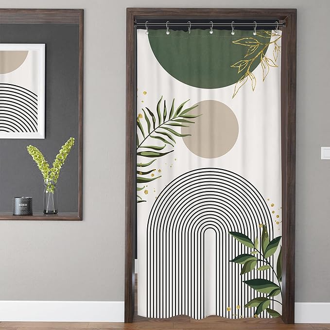 Small Stall RV Shower Curtain 36Wx72H Half Single Green Modern Boho Mid Century Abstract Gold Leave Grey Plant Bathroom Decor Minimalist Arch Aesthetic Bath Curtain Polyester 7 Pack Hooks