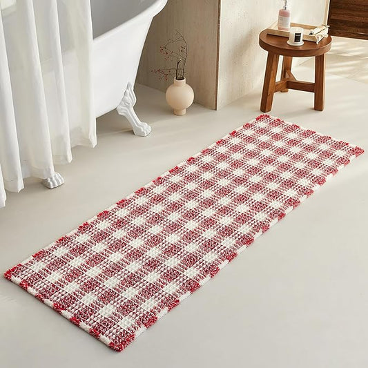 Waffle Runner Rug Bathroom, Long Boho Bathroom Rugs Non Slip Washable Absorbent Checkered Bathroom Mat Quick Dry Cute Bath Mat, 72"x24" Red and White