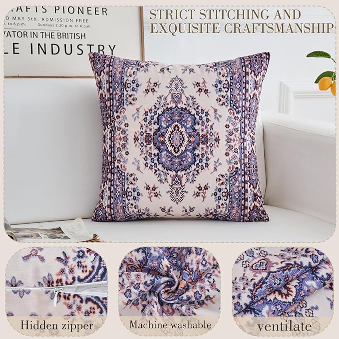 Boho Throw Pillow Covers 22x22 inch Set of 2,Boho Vintage Carpet Pattern Antique Ethnic Decor Double Sided Pattern Cushion Cover Soft Pillow Case Living Sofa Room Bed Square Pillow Cover