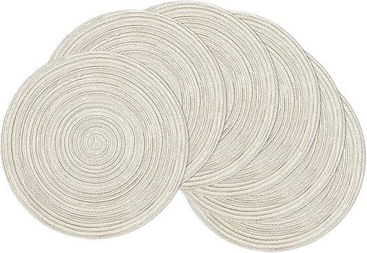 SHACOS Round Placemats Set of 6 Braided Circle Place Mat Washable 15 inch Table Mats for Kitchen Dining Table Decor Mixed Color (Ivory, 6)