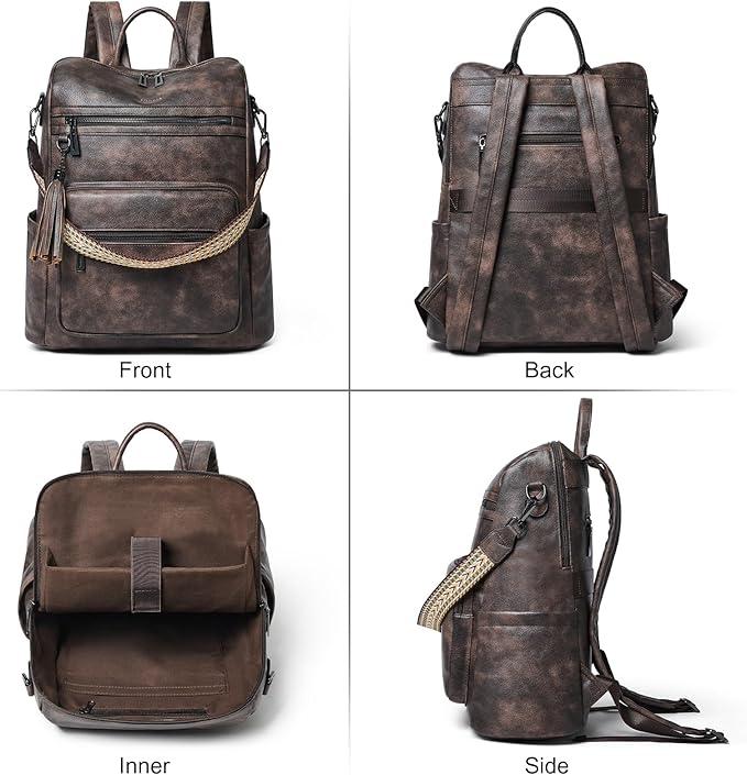 Shrrie 15.6 inch Laptop Backpack for Women,Large Leather Backpack Purse,Travel,Carry on,Water Resistant Casual Laptop Backpacks,College Backpack,Work Backpack for Women,Two-toned Coffee