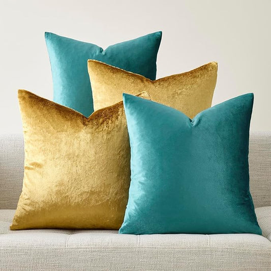 GIGIZAZA Velvet Pillow Covers 20x20,Gold Teal Soft Throw Pillow Covers Set of 4 Square Decorative Modern Pillows Covers for Living Room