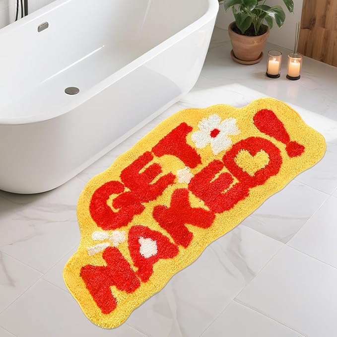 Get Naked Bath Rug, Fun Bathroom Rug,Yellow Bath Rugs Long Bath Mat Funny Bathroom Non Slip Microfiber Plush Cool Mat for Washable Absorbent Bathtub,Bedroom and Shower 20"x40"