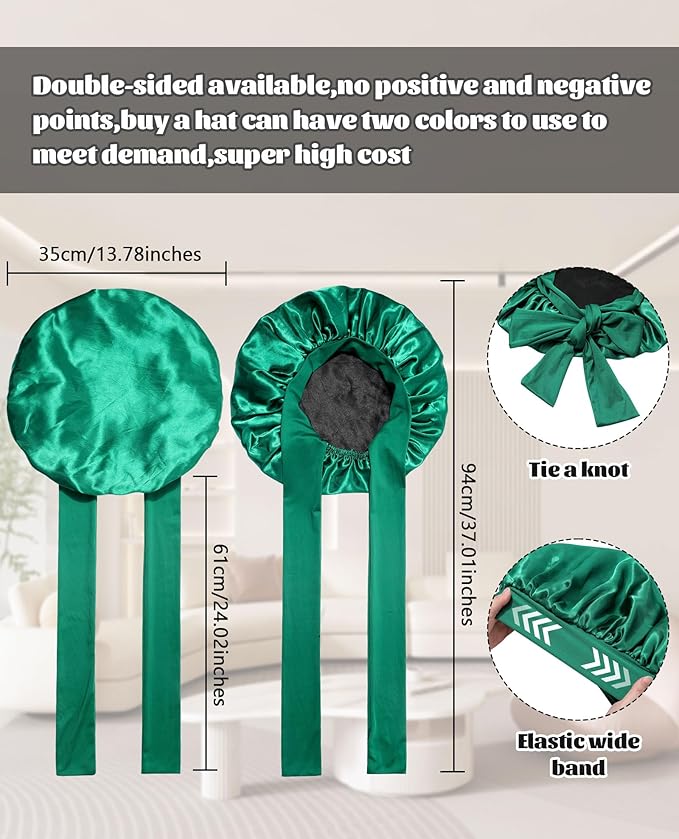 Satin Bonnet Silk Bonnet for Sleeping Silk Sleep Cap Double Layer Hair Bonnet with Elastic Tie Band for Curly Hair Night Cap (Dark Green+Black)