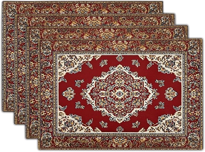 Giwawa 12"x18" Ethnic Boho Placemats Set of 4 Antique Tribal Rustic Red Floral Table Mats Farmhouse Carpet Stain Resistant Washable Linen Place Mat for Kitchen Dining Picnic Party Decor