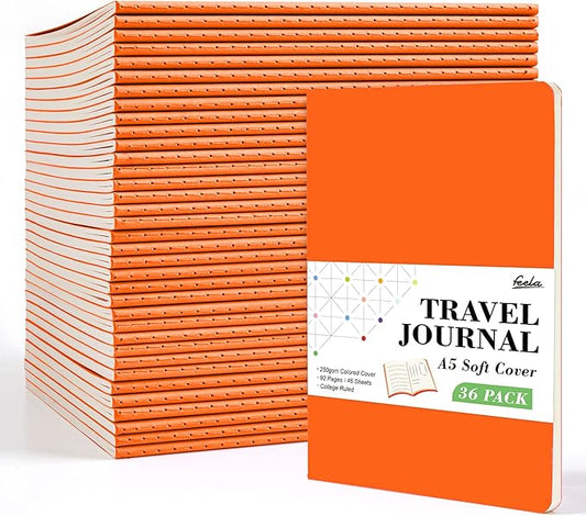 feela 36 Pack Soft Cover Journal Bulk, Lined Blank Travel Journal for Women Men Writing, Notebooks College Ruled for Work, Note Taking Notebook School Business Supplies, 8.2” x 5.5”, A5, Orange