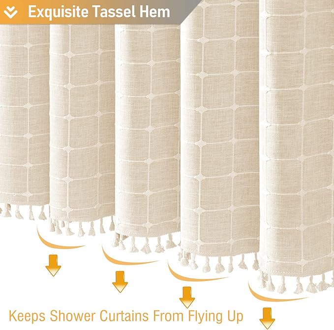 BTTN Boho Farmhouse Shower Curtain Set with Tassel - Linen Rustic Heavy Duty Fabric, Water Repellent, Modern Bohemian French Country Thick Bathroom Shower Curtains - Cream/Beige, 72x72