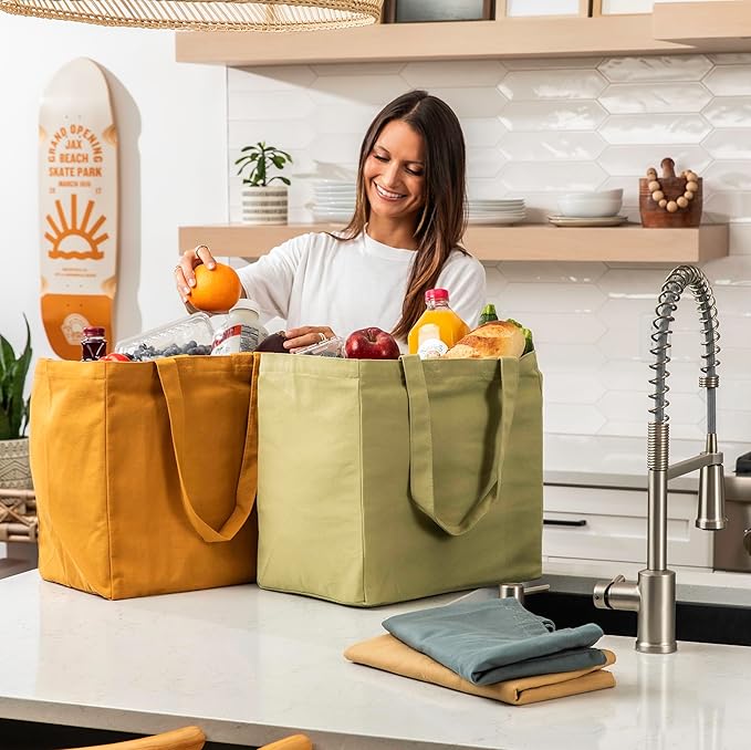 VeraMia Canvas Grocery Bag 3pc XL Set with Real Pockets, Long Shoulder Strap and Short Handle. Heavy Duty, Foldable, Washable