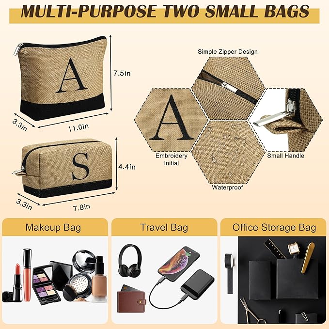 YOOLIFE Gifts for Women - Initial Jute Tote Bag & 2 Makeup Bags Personalized Gifts for Women Teacher Mom Friend Birthday