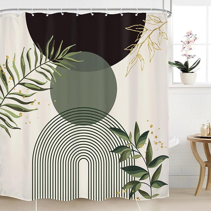 Dark Green Boho Shower Curtain 72Wx72H Black Bohemian Modern Abstract Plant Leaves Minimalist Geometric Bathroom Decor Mid Century Plant Neutral Bath Curtain Fabric Polyester 12 Pack Hooks