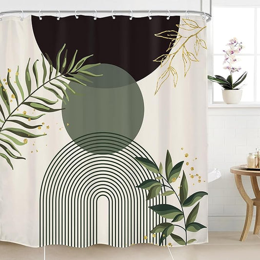 Dark Green Boho Shower Curtain 72Wx72H Black Bohemian Modern Abstract Plant Leaves Minimalist Geometric Bathroom Decor Mid Century Plant Neutral Bath Curtain Fabric Polyester 12 Pack Hooks