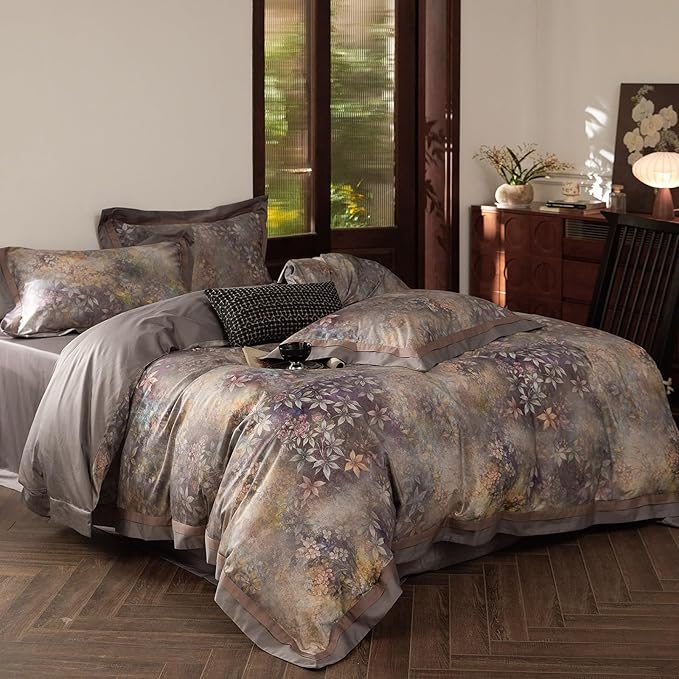 mixinni Vintage Floral Duvet Cover Set - Queen Size, 100% Long Staple Cotton Percale, Reversible Purple Floral Bedding Set with Zipper Closure, 3-Piece Luxury Duvet Cover with 2 Pillow Shams (20"x26")
