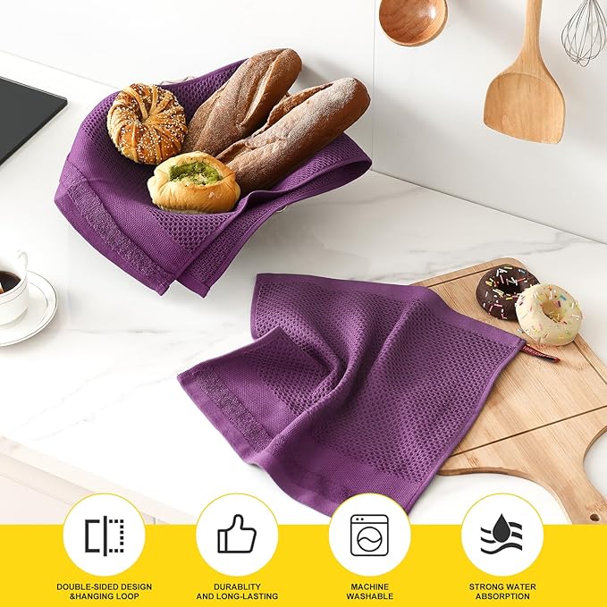 Homaxy Kitchen Towels and Dishcloths Set, 12 x 12 and 13 x 28 Inches, Set of 8 100% Cotton Waffle Weave Kitchen Towels, Super Soft and Absorbent Dish Cloths, Purple