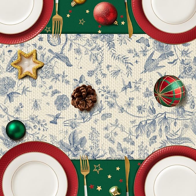 Blue Flower Burlap Table Runner Seasonal Spring Fall Kitchen Dining Linen Table Decoration for Indoor Outdoor Home Party Dinner 13x72 Inch