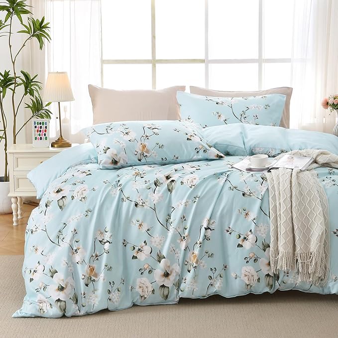 MUXHOMO Duvet Cover King Size, Reversible Floral Vintage Duvet Cover Set with Zipper Closure, 3 Pieces Botanical Patterns Soft Microfiber Bedding Set (90"x104", 2 Pillow Cases 20"×36", Ceiba Blue)