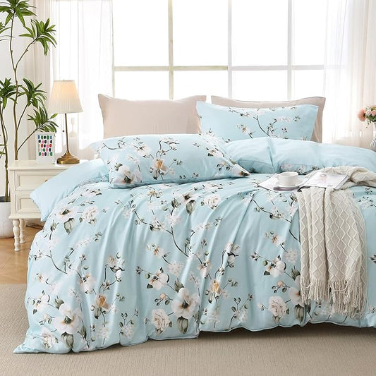 MUXHOMO Duvet Cover King Size, Reversible Floral Vintage Duvet Cover Set with Zipper Closure, 3 Pieces Botanical Patterns Soft Microfiber Bedding Set (90"x104", 2 Pillow Cases 20"×36", Ceiba Blue)