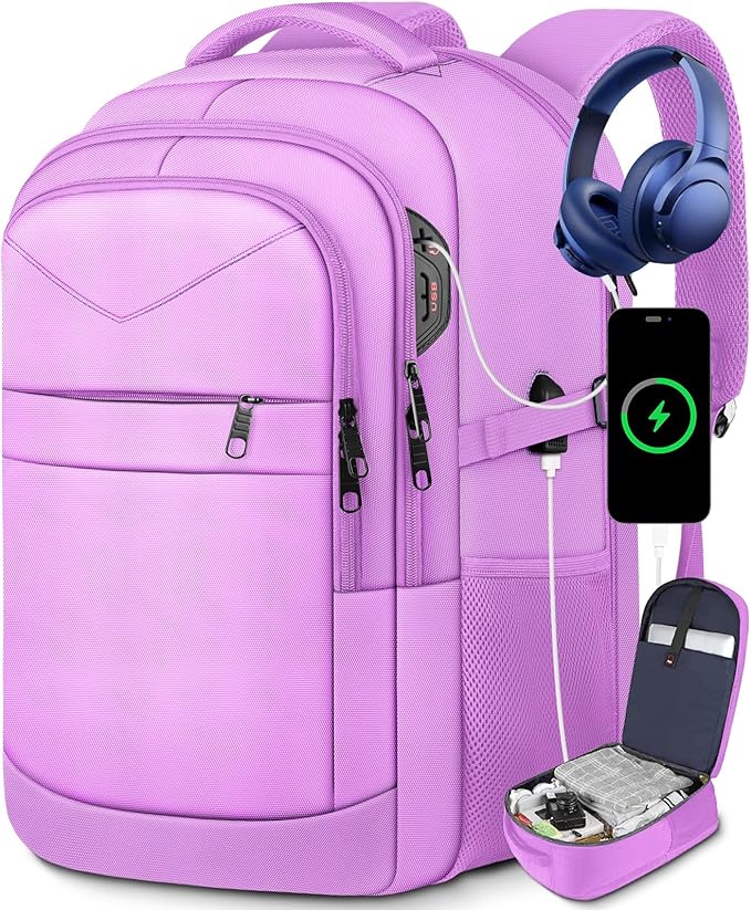 Lapsouno Large Laptop Backpack, Travel Laptop Backpack, 17.3 Inch Carry on Backpack with USB Port, TSA Travel Bag for Women, College School Backpack for Women, Light Purple