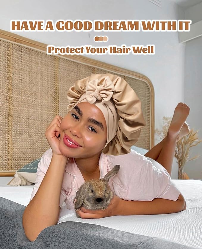 Satin Bonnet Silk Bonnet for Sleeping Silk Sleep Cap Double Layer Hair Bonnet with Elastic Tie Band for Curly Hair Night Cap (Coffee + Champagne)