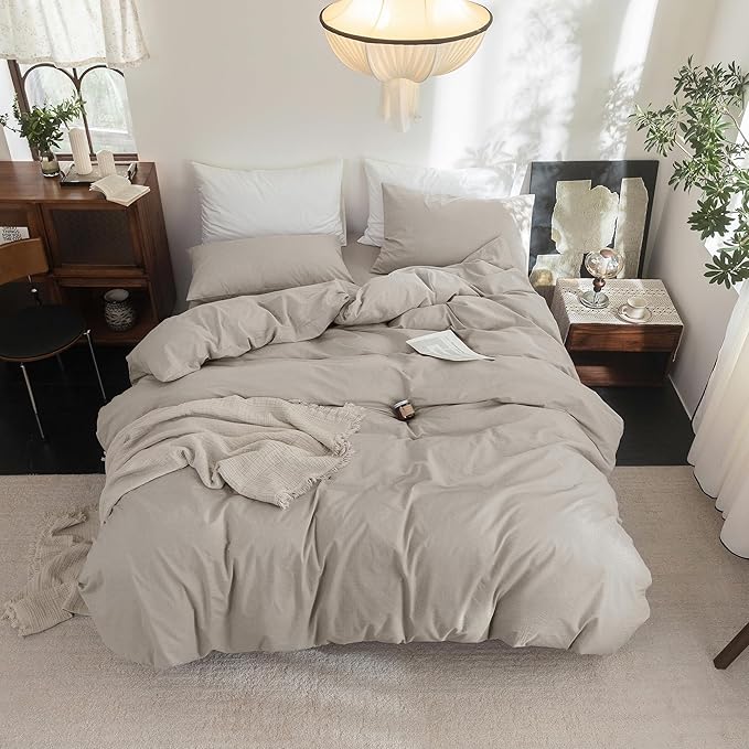 FOSSA Duvet Cover Set 100% Washed Cotton Linen Feel Super Soft Breathable Cozy 3 Pieces Bedding Sets Solid Cream Grey Oversized King