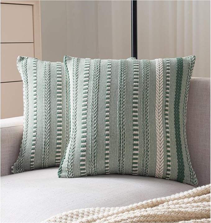 Boho Throw Pillow Covers 20x20 Inch Set of 2, Farmhouse Decorative Couch Pillow Cases, Light Green Accent Pillows of Bed, Sofa Bedroom Living Room Home Decor Cushion Cover