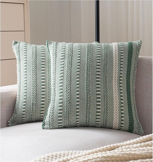 Boho Throw Pillow Covers 22x22 Inch Set of 2, Farmhouse Decorative Couch Pillow Cases, Light Green Accent Pillows of Bed, Sofa Bedroom Living Room Home Decor Cushion Cover