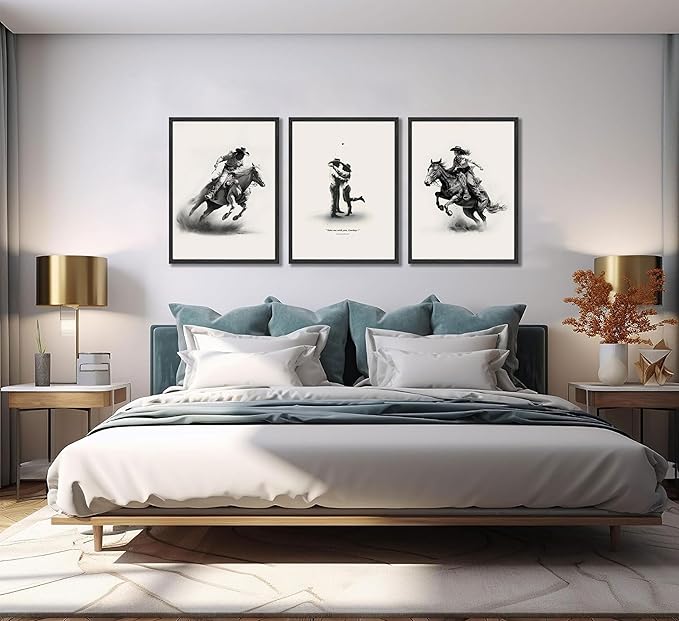 3 Pcs Western Cowboy Wall Canvas Art Simple Romantic Cowboy Couple Posters prints Paintings Western Eclectic Wall Decor Pictures for Living room and bedroom home Decor Unframed