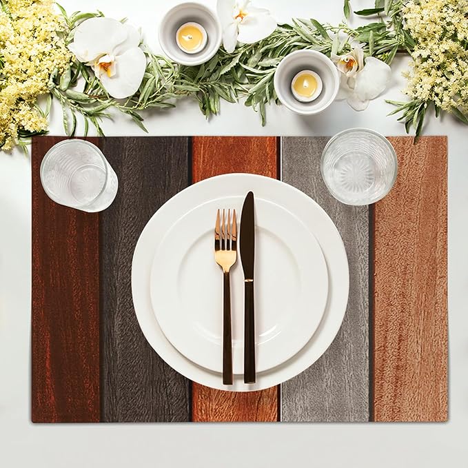 Giwawa Rustic Wood Placemats Set of 4- Fall Thanksgiving Orange Wooden Board Linen Place Mat 12x18 Inch- Farmhouse Country Style Washable Non-Slip Table Mats for Kitchen Dining Cabin Decor