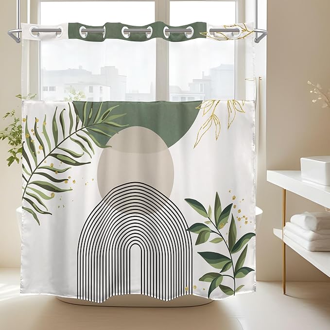 Sage Green Boho No Hooks Shower Curtain with Snap in Liner 72Wx72H Modern Mid Century Abstract Gold Leaves Minimalist Geometric Bathroom Decor Neutral Aesthetic Bath Curtain Fabric Polyester