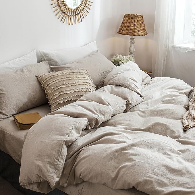 MooMee Bedding Duvet Cover Set 100% Washed Cotton Linen Like Textured Breathable Durable Soft Comfy (Heathered Tannish Linen Grey, Oversized King Plus 128"x120")