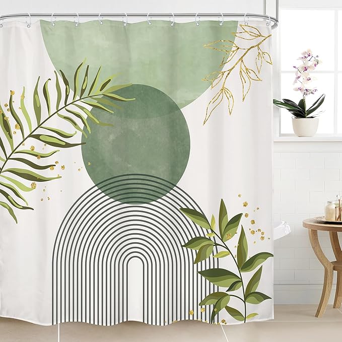 Sage Green Boho Shower Curtain 72Wx72H Modern Abstract Bohemian Leaves Minimalist Neutral Botanical Geometric Arch Bathroom Decor Mid Century Plant Bath Curtain Fabric Polyester 12 Pack Hooks