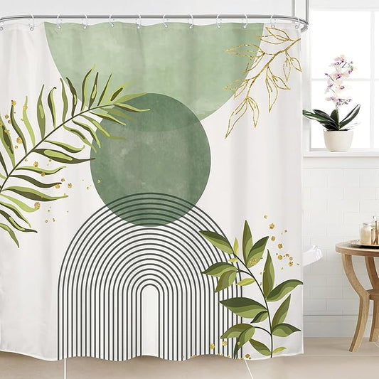 Sage Green Boho Shower Curtain 72Wx72H Modern Abstract Bohemian Leaves Minimalist Neutral Botanical Geometric Arch Bathroom Decor Mid Century Plant Bath Curtain Fabric Polyester 12 Pack Hooks