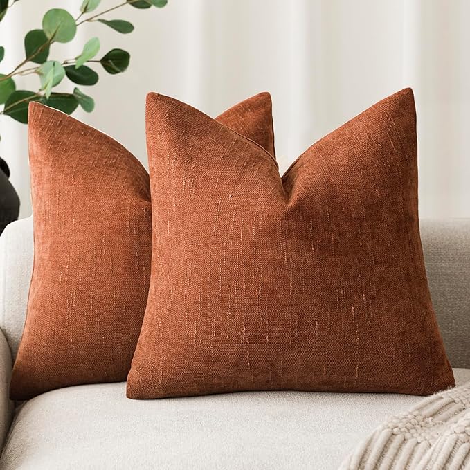 Foindtower Pack of 2 Soft Textured Throw Decorative Pillow Covers Square Accent Solid Cushion Cover Cozy Farmhouse Pillow Case with Zipper for Couch Sofa Bed Living Room 18x18 Inch, Burnt Orange