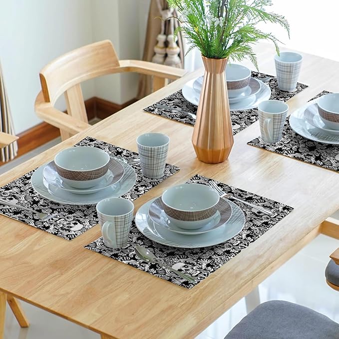 Giwawa Gothic Skull Placemats, Halloween Skeleton Decorative Linen Place Mat, Spooky Day of The Dead Table Mats for Kitchen Dining, Heat Resistant Non Slip, Set of 4, 12"x18"