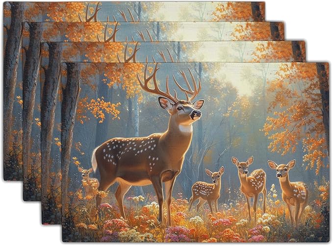 Giwawa Fall Deer Placemats Set of 4, 12"x18" Autumn Forest Trees Moose Linen Place Mat, Woodland Wildlife Washable Non-Slip Table Mats for Kitchen Dining Party Picnic Indoor Outdoor Decor