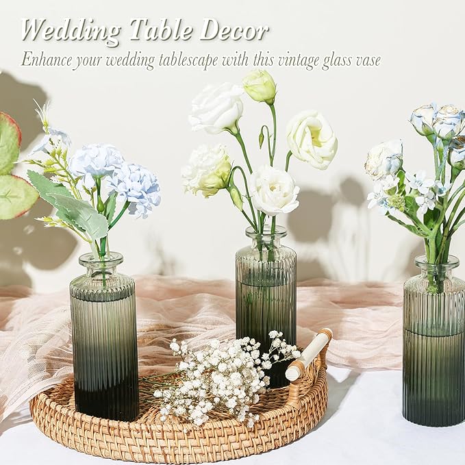 Green Glass Bud Vases Set of 12, Mini Ribbed Flower Vase for Centerpieces, Small Glass Vases in Bulk for Wedding Decorations, Vintage Vase for Table, Housewarming Gift, Home Décor