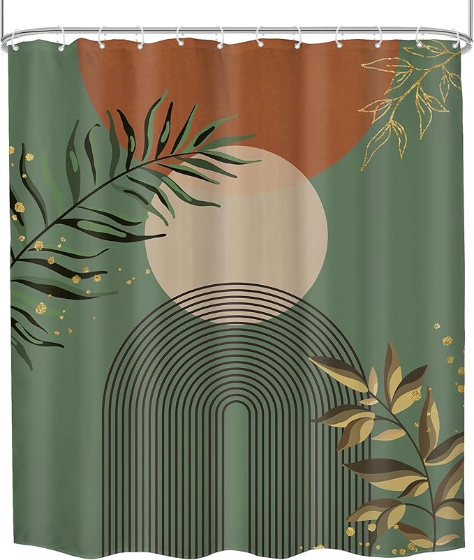 Boho Dark Green Shower Curtain 60Wx72H Abstract Bohemian Mid Century Minimalist Teal Gold Leaf Arch Geometric Plant Neutral Bathroom Decor Botany Bath Curtain Fabric Polyester 12 Pack Hooks