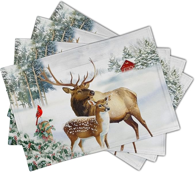 Giwawa Winter Deer Placemats Set of 4 12x18 Inch Christmas Reindeers Elk Moose Place Mat Xmas Trees Snow Wildlife Table Mats Washable Stain Resistance for Kitchen Dining Seasonal Party Decor