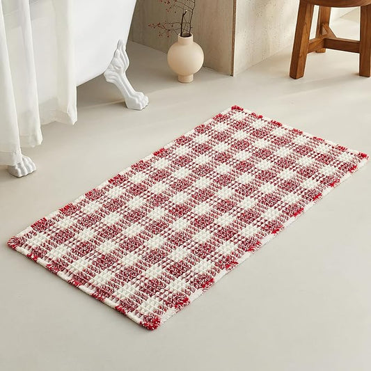 Waffle Bath Mat, Boho Bathroom Rugs Non Slip Washable Absorbent Checkered Bathroom Mat Quick Dry Cute Bath Mat, 48"x24" Red and White