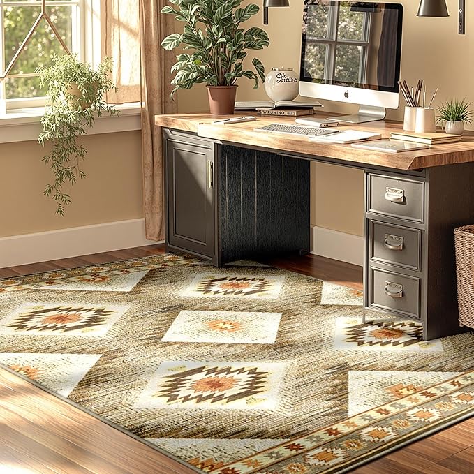 Area Rug 6x6 Rug Machine Washable Non-Slip Low Pile Print Pattern Western Rug for Living Room Bedroom Entryway Tribal Series -Cream/Camel