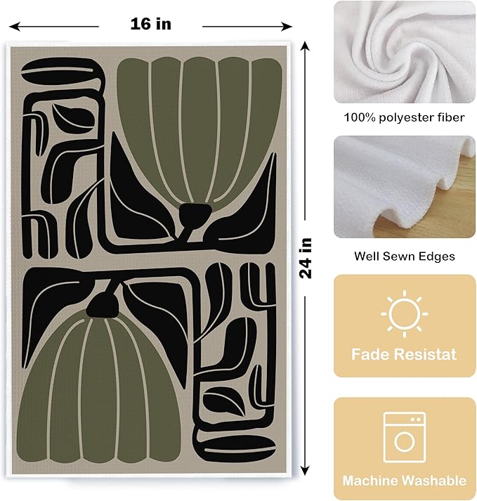 Sage Green Groovy 70s Retro Kitchen Towels Set of 2 - Boho Floral Dish Towels for Kitchen, Boho Hand Towels for Bathroom, Boho Sage Green Bathroom Kitchen Decor, 16x24 Inches