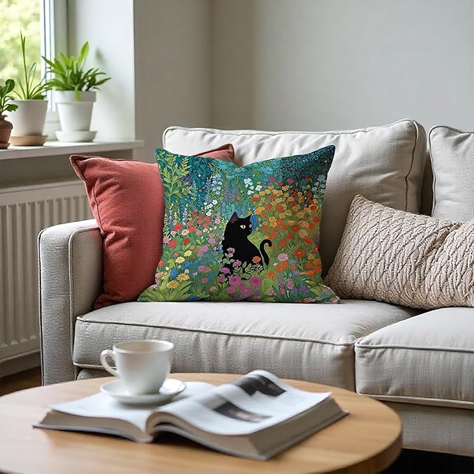 Floral Black Cat Pillow Covers 18x18, Cats Lovers Lady Gifts, Cat Mom Grandma Gifts, Cats in Colorful Wildflower Decorative Pillow Covers for Home Bedroom Living Room Office Decor