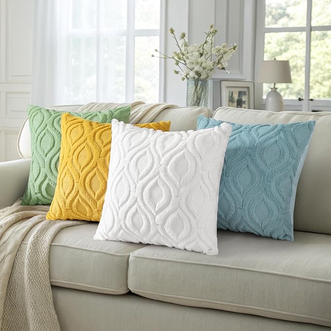 decorUhome Fall Throw Pillow Covers 18x18 Inch Set of 2, Soft Plush Decorative Faux Fur White Solid Couch Pillow Covers, Accent Farmhouse Neutral Square Euro Pillow Cases for Sofa Bed Living Room